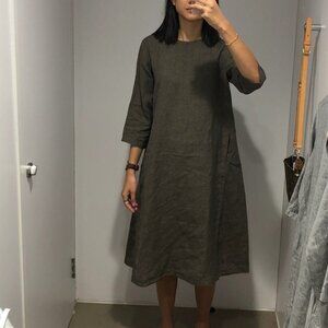 Muji 100% linen a-line 3/4 sleeve midi dress - navy blue - XS